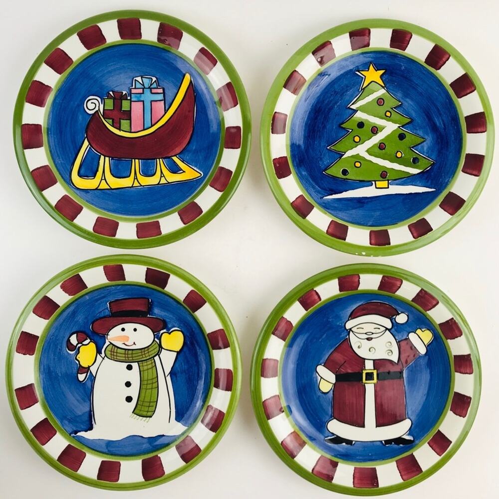 4 World Market 8” Plates Snowman Sleigh Thailand Santa Tree Christmas Ceramic
